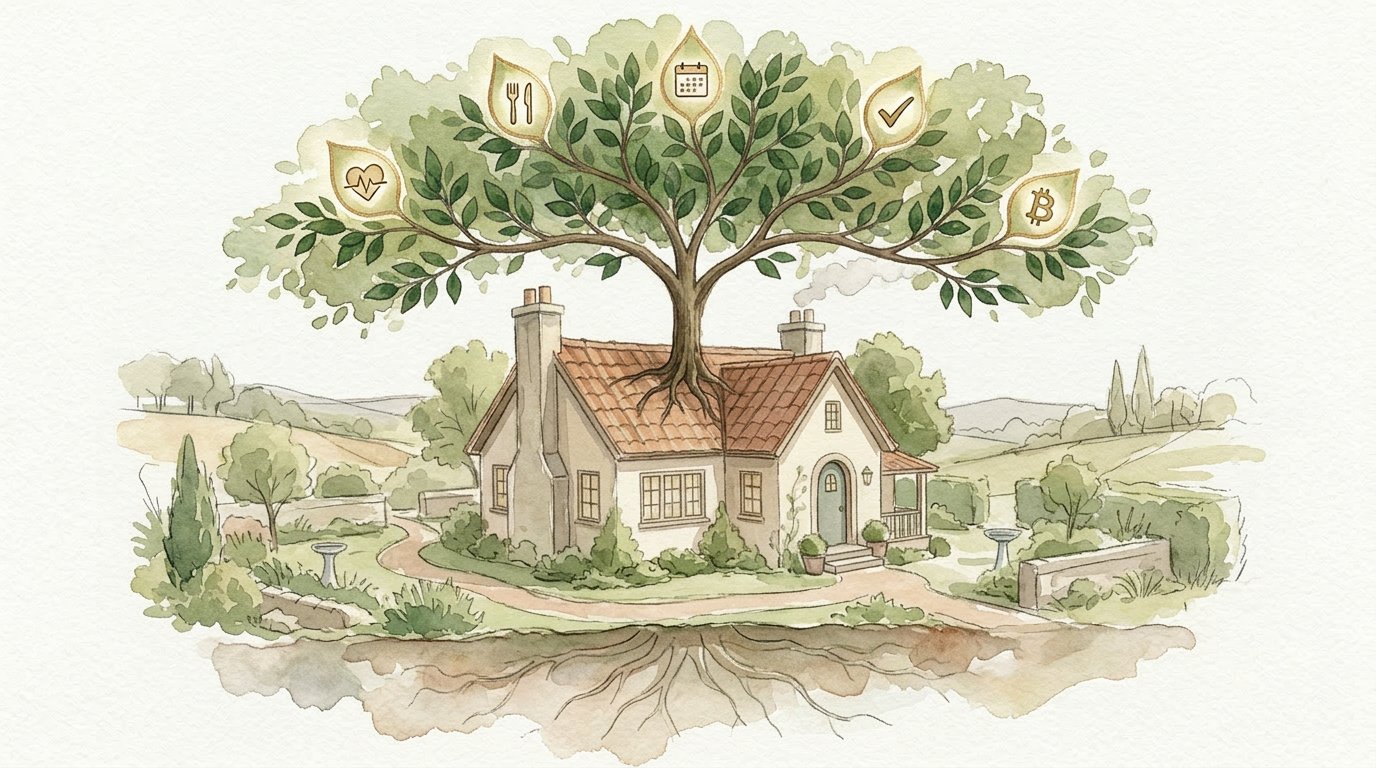 A watercolor illustration of a charming cottage with a tree growing from its roof, branches bearing glowing leaf-shaped icons for family apps, with visible roots spreading beneath the house foundation